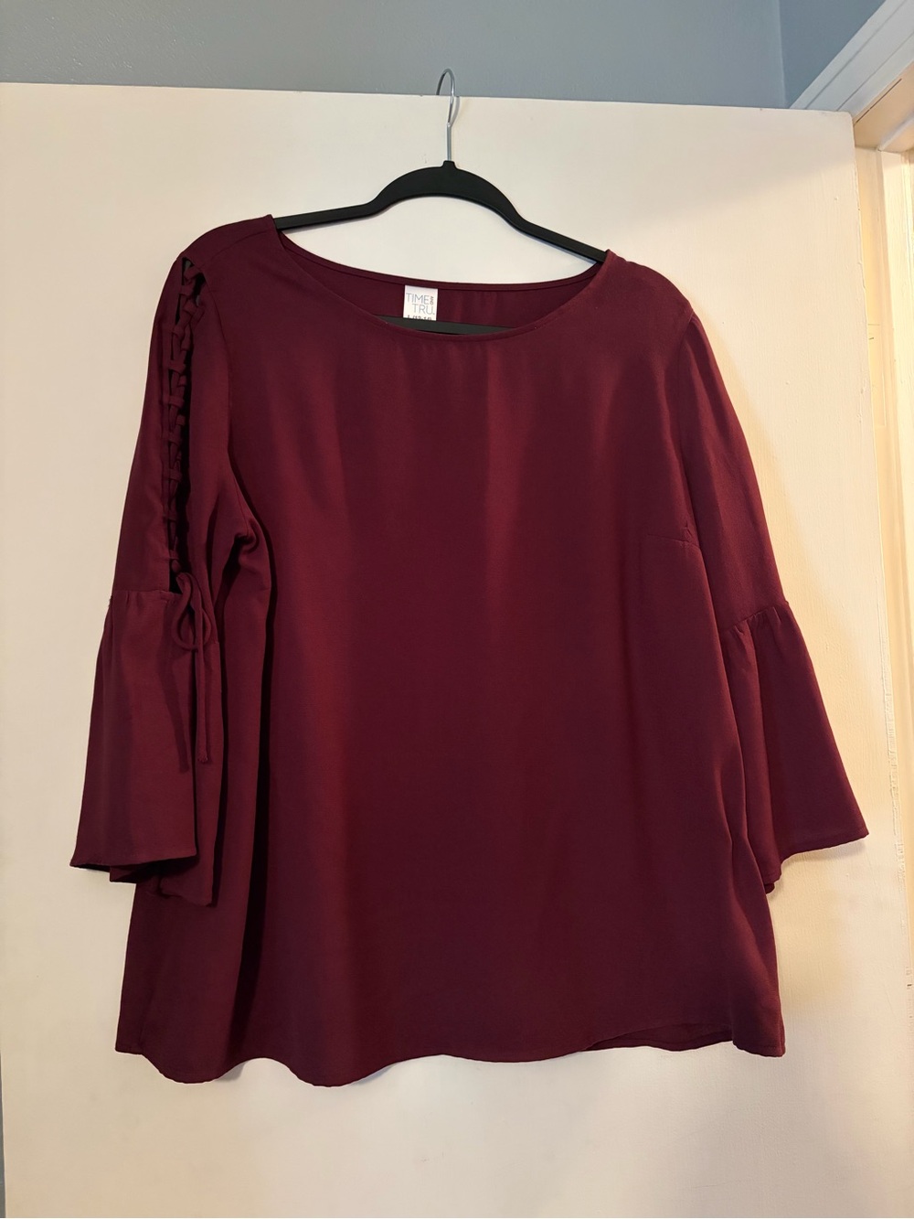 Time and Tru Women's Burgundy Lace-Up Bell Sleeve Blouse